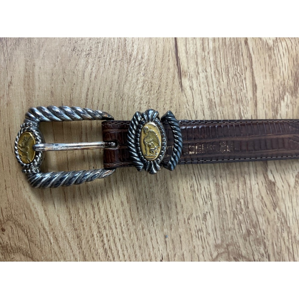 Brighton Greco-Roman Coin Medallion Belt Women S Brown Lizard Leather Vintage 95